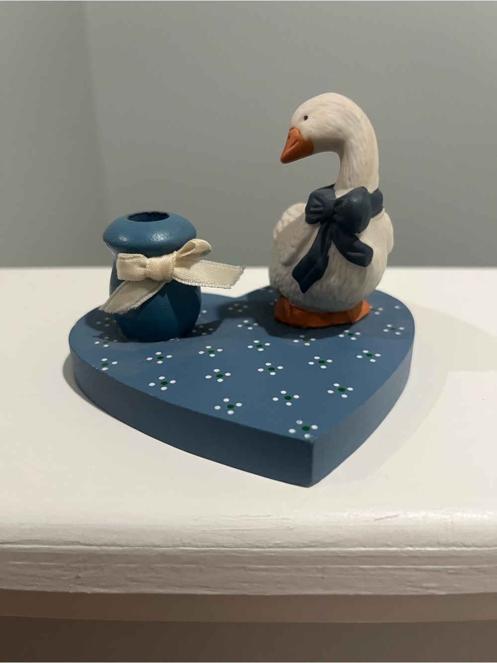 Cottagecore 1988 candle holder goose with bow Blue Heart Duck Figurine with Bow